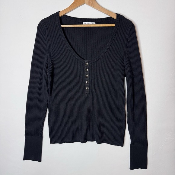 Arizona Jean Company Sweaters - Vintage Y2K 90s Ribbed Henley Women 2X Black Knit Top Snap Front Fitted Scoop